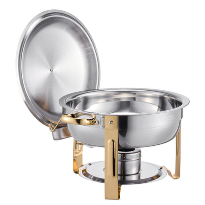 Chafing Dish Buffet Set, 5 Qt 4 Pack, Stainless Steel Chafer with 4 Full Size Pans, Round Catering Warmer Server with Lid Water Pan Folding Stand Clip, for Weddings Parties Banquets, Gold