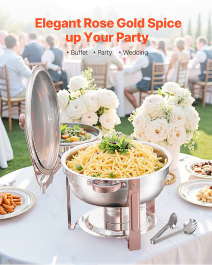 Chafing Dish Buffet Set, 5 Qt 4 Pack, Stainless Steel Chafer with 4 Full Size Pans, Round Catering Warmer Server with Lid Water Pan Folding Stand Clip, for Weddings Parties Banquets, Rose Gold