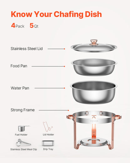 Chafing Dish Buffet Set, 5 Qt 4 Pack, Stainless Steel Chafer with 4 Full Size Pans, Round Catering Warmer Server with Lid Water Pan Folding Stand Clip, for Weddings Parties Banquets, Rose Gold