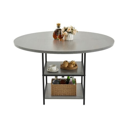 Round Dining Table, 47 inch Wood Table for 4-6 Person, Modern Circle Dinner Furniture, Leisure Tables with Storage Shelf and Metal Legs, for Home Kitchen Living Room, Grey (Only Table)