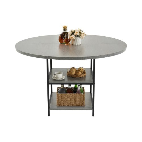 Round Dining Table, 47 inch Wood Table for 4-6 Person, Modern Circle Dinner Furniture, Leisure Tables with Storage Shelf and Metal Legs, for Home Kitchen Living Room, Grey (Only Table)