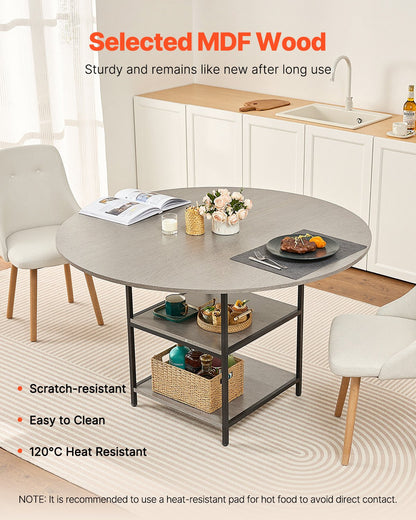 Round Dining Table, 47 inch Wood Table for 4-6 Person, Modern Circle Dinner Furniture, Leisure Tables with Storage Shelf and Metal Legs, for Home Kitchen Living Room, Grey (Only Table)