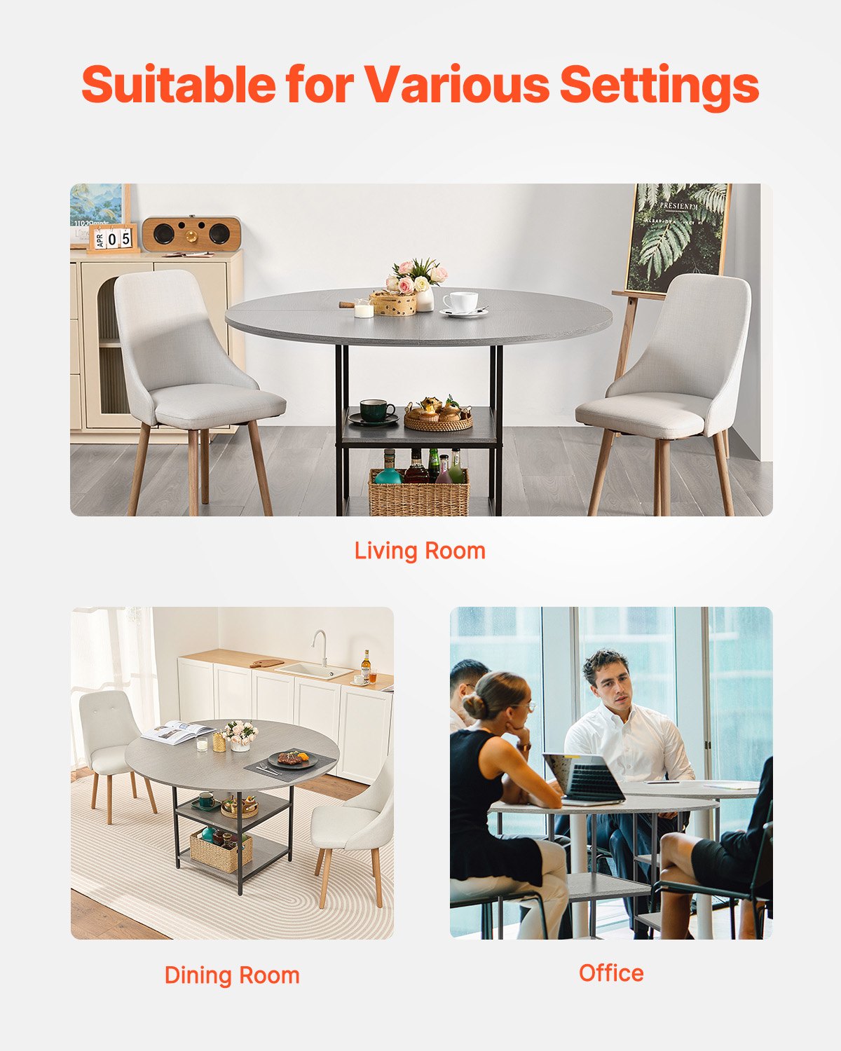 Round Dining Table, 47 inch Wood Table for 4-6 Person, Modern Circle Dinner Furniture, Leisure Tables with Storage Shelf and Metal Legs, for Home Kitchen Living Room, Grey (Only Table)