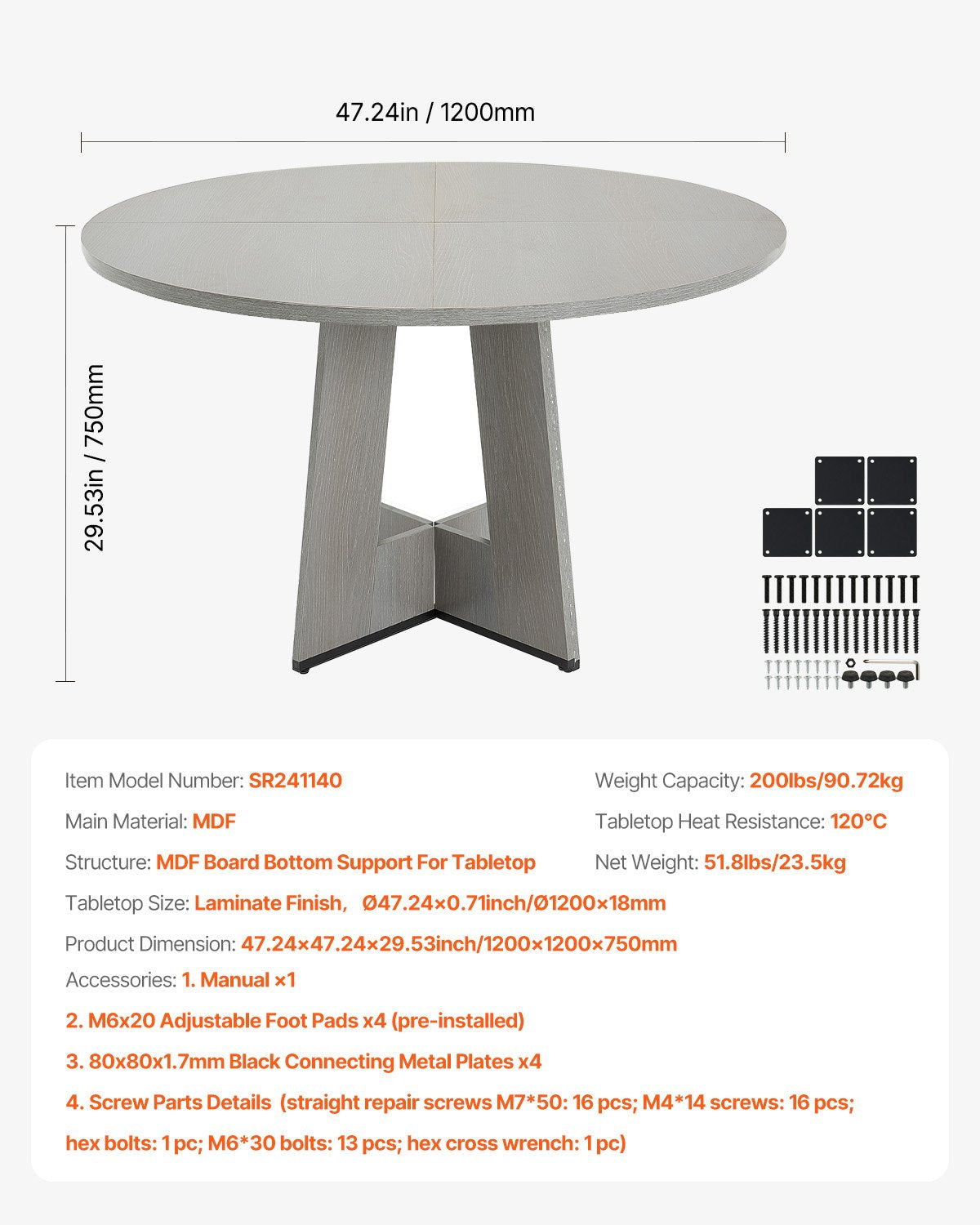 Round Dining Table, 47 inch Wood Table for 4-6 Person, Farmhouse Circle Dinner Furniture, Rustic Leisure Tables with Thick Wooden Legs, for Home Kitchen Living Room, Grey (Only Table)