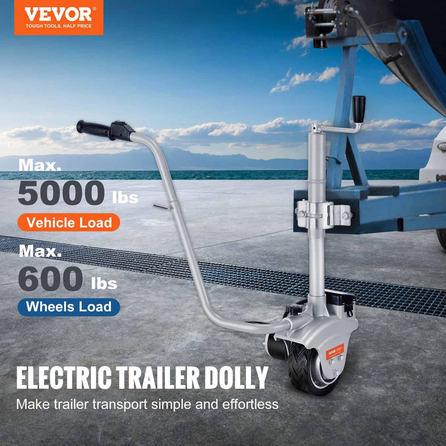Electric Trailer Dolly, 2268 kg Towing Capacity, 350W 12V Trailer Jockey Wheel with 6.7 m/min Moving Speed, 30.5 cm-62.9 cm Adjustable Clamp Height & 20.3 cm Rubber Tire, for Moving Trailer Caravan Boat