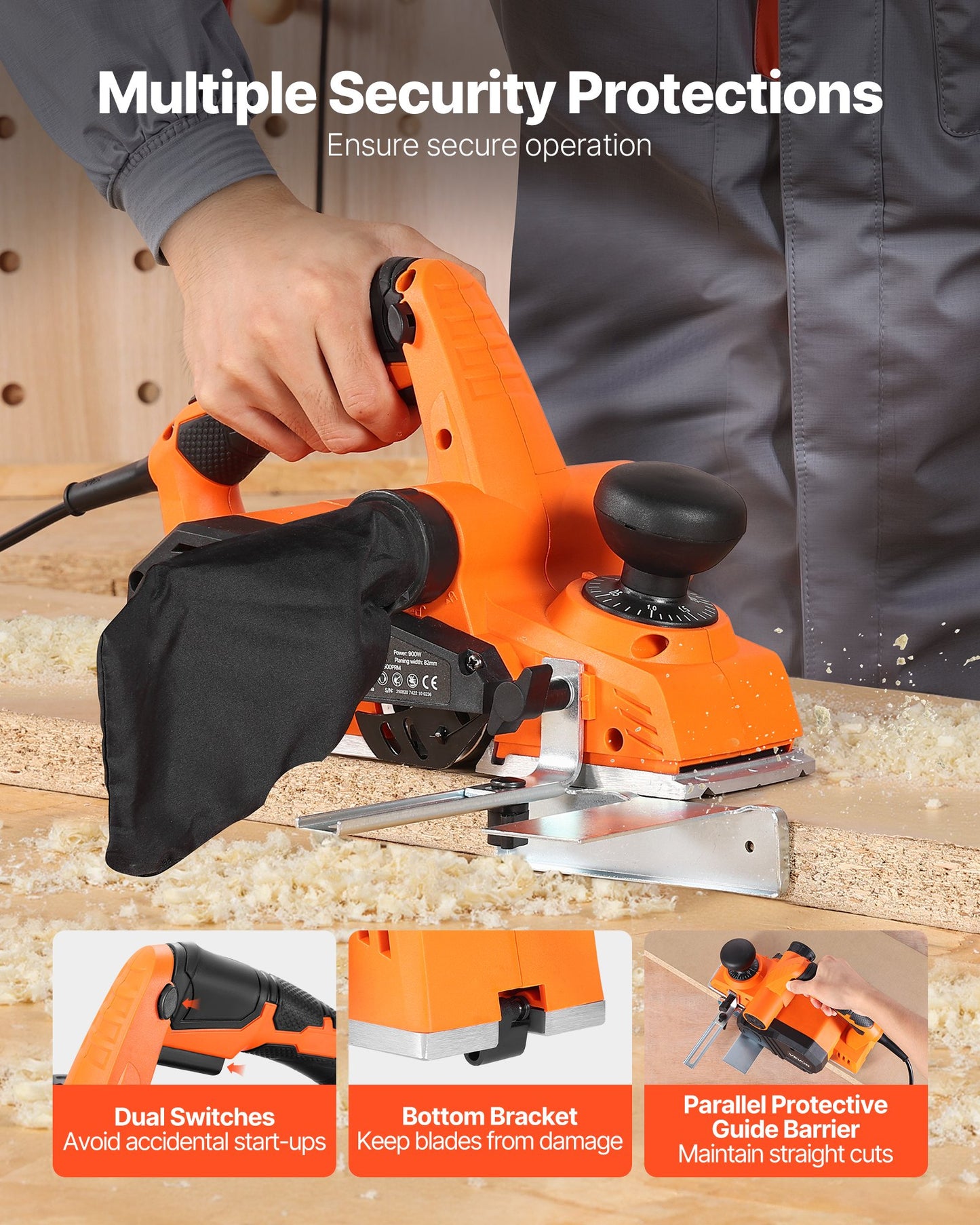 Electric Hand Planer, 82 mm Cut Width, 900W 14500 RPM Corded Power Handheld Planer for Wood, with Adjustable Cut Depth, 2 Blades, for Woodworking Wood Chamfer DIY Smooth Finish Carpentry Tool