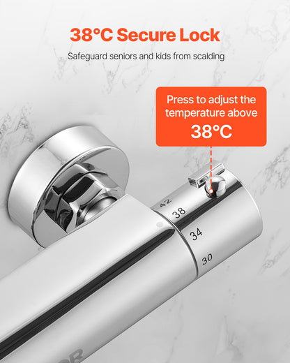 Thermostatic Shower Faucet Valve, 38℃ Secure Lock Thermostatic Shower Valve, Hot Cold Water Showering Faucet Temperature Control Valves with Solid Brass Casting for Bathroom, RV, Leak-Proof