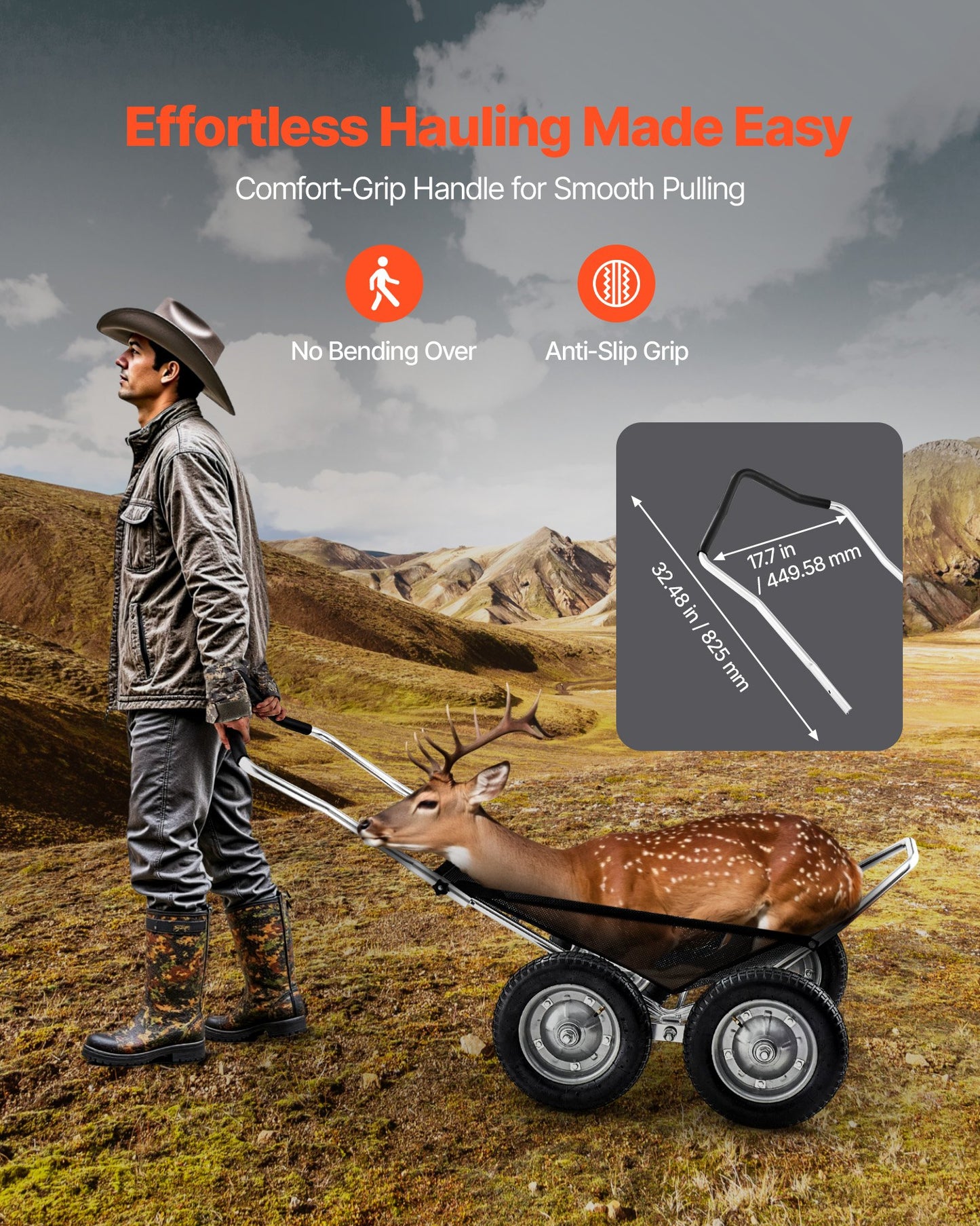 Game Carts for Hunting, 500LBS Deer Cart Game Hauler, Heavy-Duty Crawler Cart, All-Terrain Folding Deer Hauling Cart with Shock-Absorbing Tires, Utility Gear Dolly for Hunting Fishing Hiking