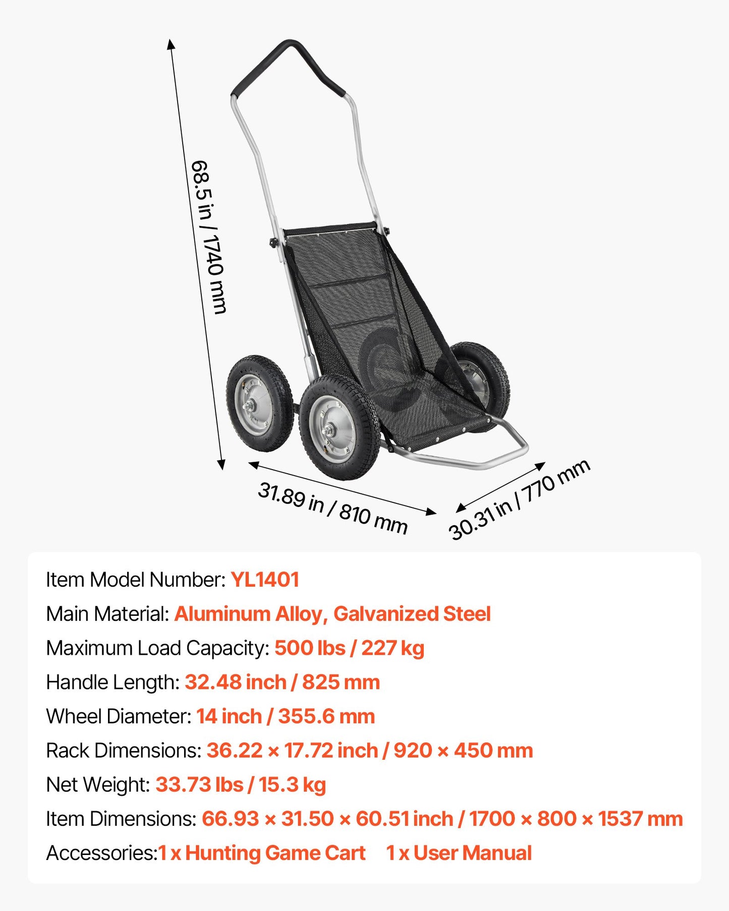 Game Carts for Hunting, 500LBS Deer Cart Game Hauler, Heavy-Duty Crawler Cart, All-Terrain Folding Deer Hauling Cart with Shock-Absorbing Tires, Utility Gear Dolly for Hunting Fishing Hiking