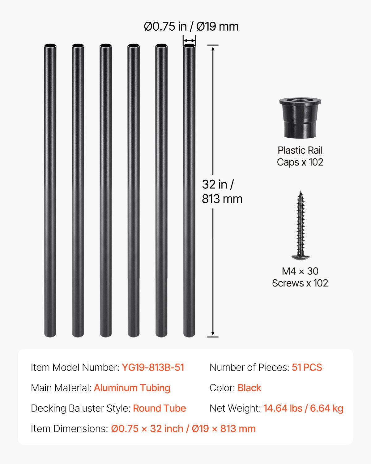 Staircase Balusters 51 Pack, 32 In Aluminum Stair Balusters, 3/4 Inch Water-Proof Round Metal Spindle Railing, Hollow Deck Railing with Rail Caps & Screws for Stairs, Porch, Patio, Matte Black