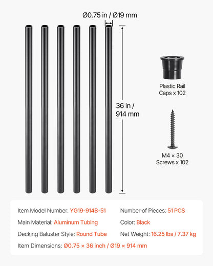 Staircase Balusters 51 Pack, 36 In Aluminum Stair Balusters, 3/4 In Water-Proof Round Metal Spindle Railing, Hollow Deck Railing with Rail Caps & Screws for Stairs, Porch, Patio, Fence, Black