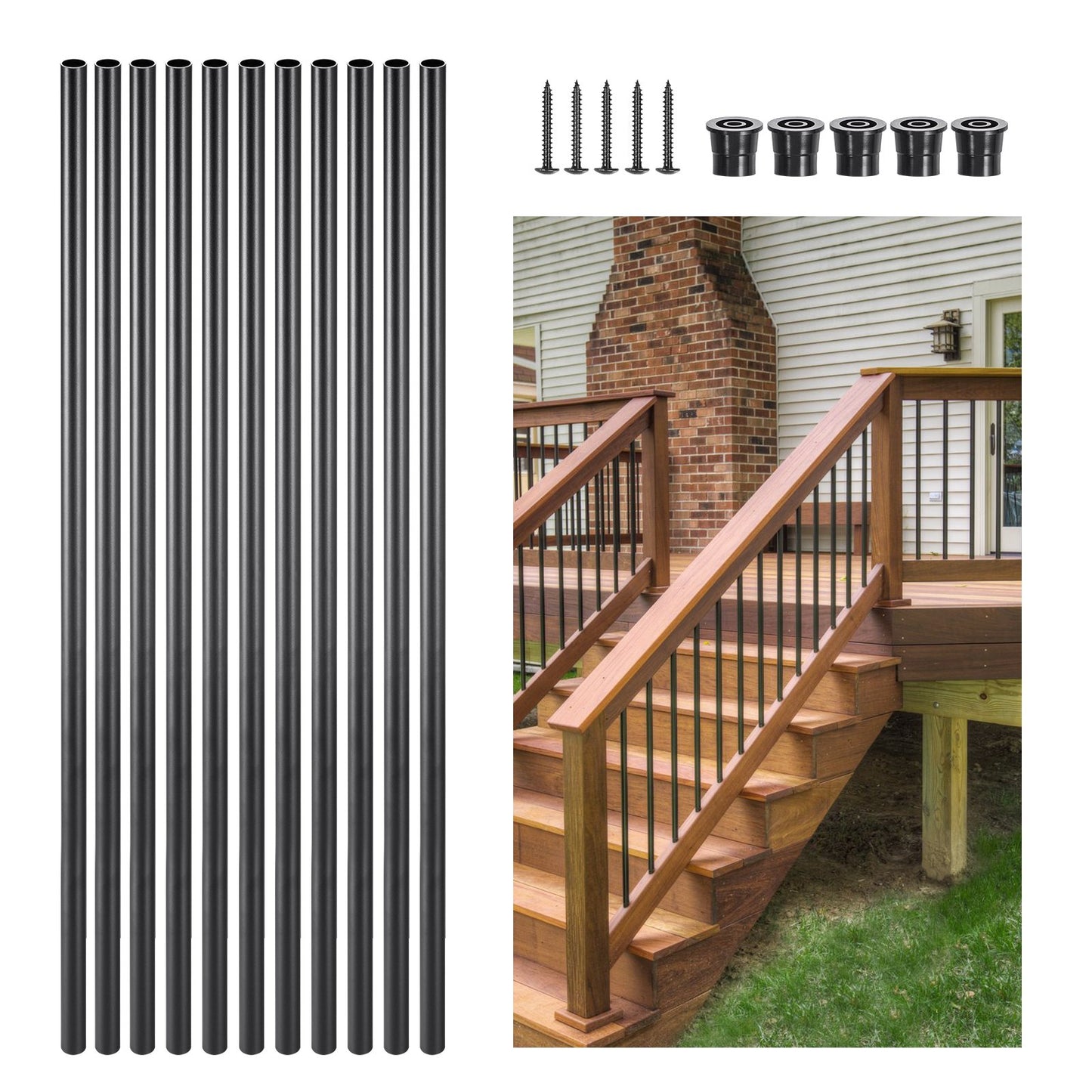 Staircase Balusters 51 Pack, 36 In Aluminum Stair Balusters, 3/4 In Water-Proof Round Metal Spindle Railing, Hollow Deck Railing with Rail Caps & Screws for Stairs, Porch, Patio, Fence, Black