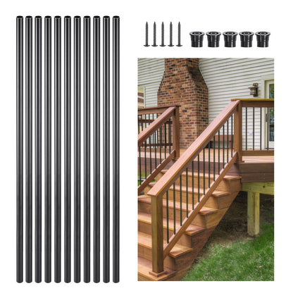 Staircase Balusters 51 Pack, 36 In Aluminum Stair Balusters, 3/4 In Water-Proof Round Metal Spindle Railing, Hollow Deck Railing with Rail Caps & Screws for Stairs, Porch, Patio, Fence, Black