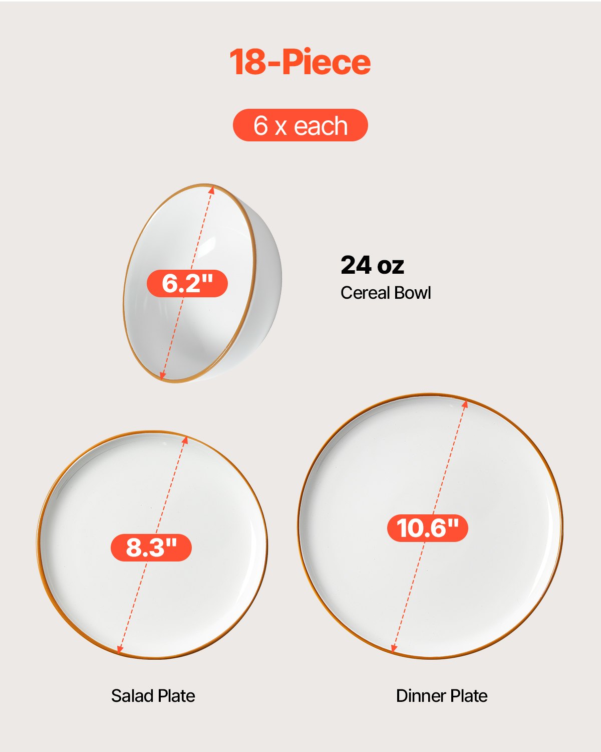 Geschirrset für 6 Personen, runde Teller und Schüsseln, kratzfestes Keramikgeschirr, spülmaschinen- und mikrowellengeeignet, für Dessert, Salat, Suppe und Pasta, weiß