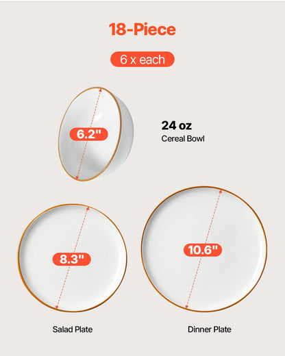 Geschirrset für 6 Personen, runde Teller und Schüsseln, kratzfestes Keramikgeschirr, spülmaschinen- und mikrowellengeeignet, für Dessert, Salat, Suppe und Pasta, weiß