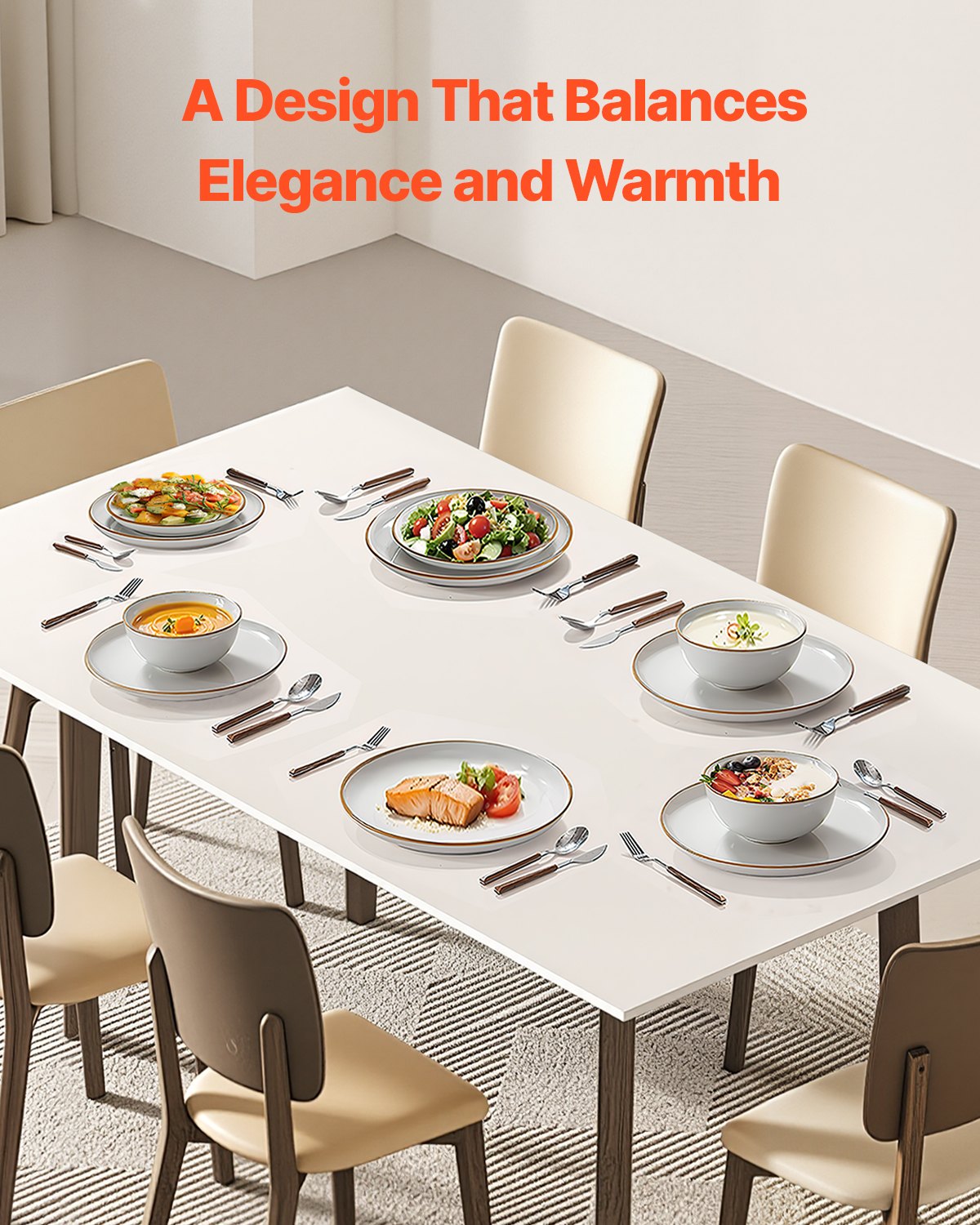 Geschirrset für 6 Personen, runde Teller und Schüsseln, kratzfestes Keramikgeschirr, spülmaschinen- und mikrowellengeeignet, für Dessert, Salat, Suppe und Pasta, weiß