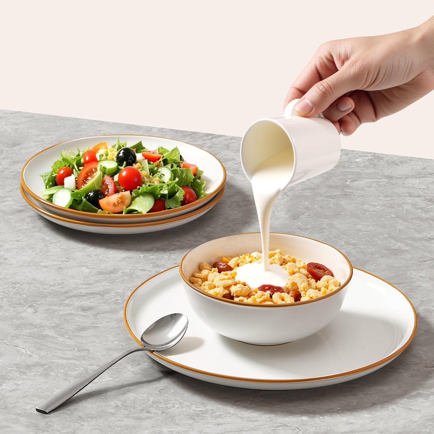 Geschirrset für 6 Personen, runde Teller und Schüsseln, kratzfestes Keramikgeschirr, spülmaschinen- und mikrowellengeeignet, für Dessert, Salat, Suppe und Pasta, weiß