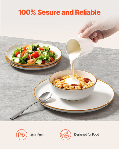 Dinnerware Set, Service for 4 People, Round Plates and Bowls Sets, Scratch Resistant Ceramic Dinner Ware, Dishwasher and Microwave Suitable Kitchen Dishes, for Dessert Salad Soup Pasta, White