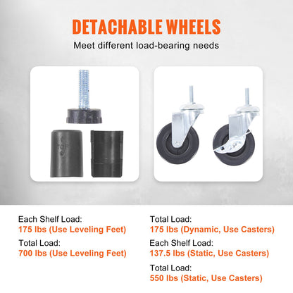 Storage Shelving Unit with Wheels, 4-Tier Adjustable, 700 lbs Capacity, Heavy Duty Garage Shelves Metal Organizer Wire Rack, Black, 47.2" L x 17.7" W x 74" H for Kitchen Pantry Basement Bathroom