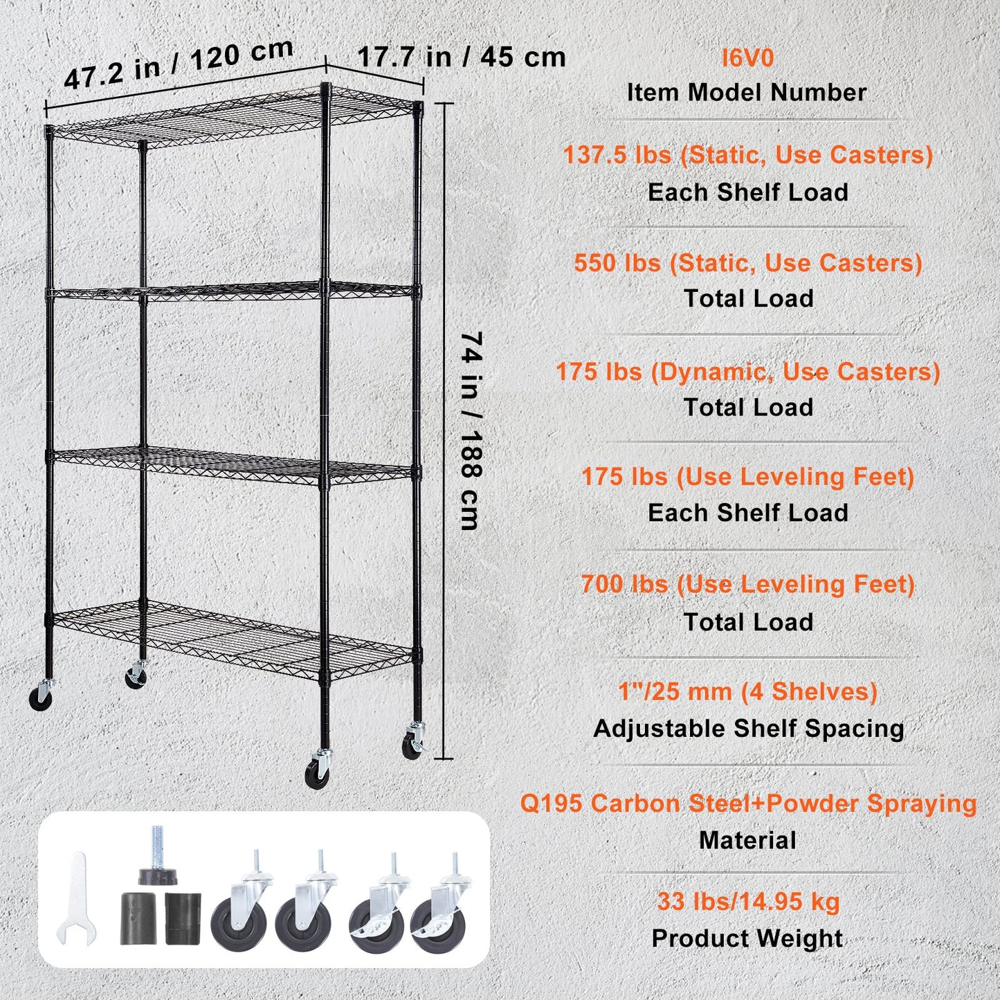 Storage Shelving Unit with Wheels, 4-Tier Adjustable, 700 lbs Capacity, Heavy Duty Garage Shelves Metal Organizer Wire Rack, Black, 47.2" L x 17.7" W x 74" H for Kitchen Pantry Basement Bathroom