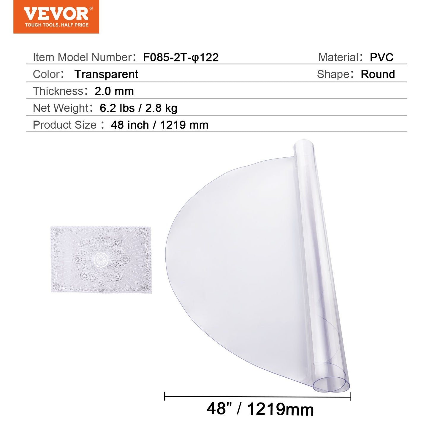 Plastic Table Cover, 48 x 48 Inch 2.0 mm Thick Clear Table Protector, Round PVC Desk Mat, Waterproof & Easy Cleaning Desk Pad Tablecloth, for Office Dresser Dining Room Table Night Stand