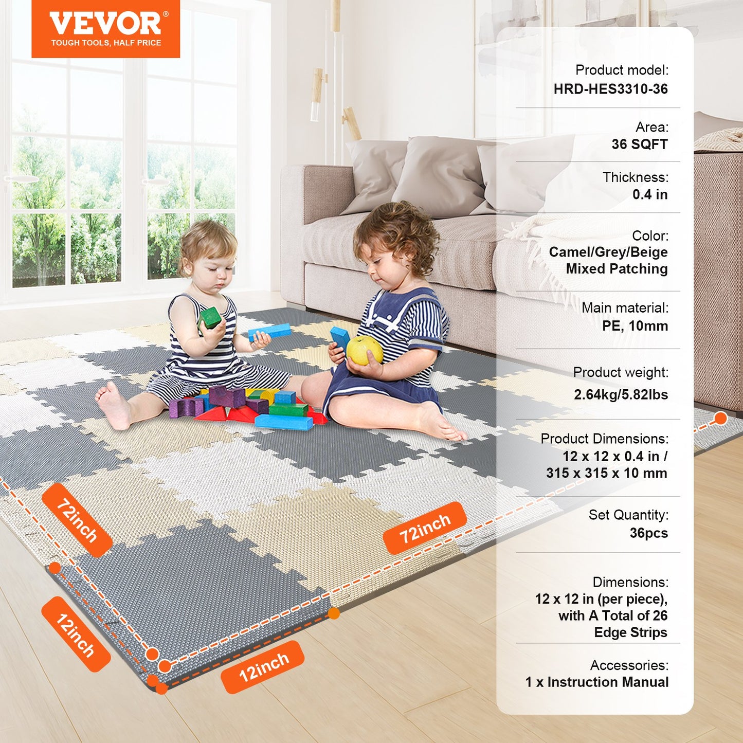 36 Tiles Kids Play Mat, 0.4 Inch Toddler Play Mat with EVA Foam, 12" x 12" Puzzle Play Mat with 36 sq.ft Coverage, Interlocking Toddler Mats for Play Room, Nursery, Living Room, Camel&Gray&Beige