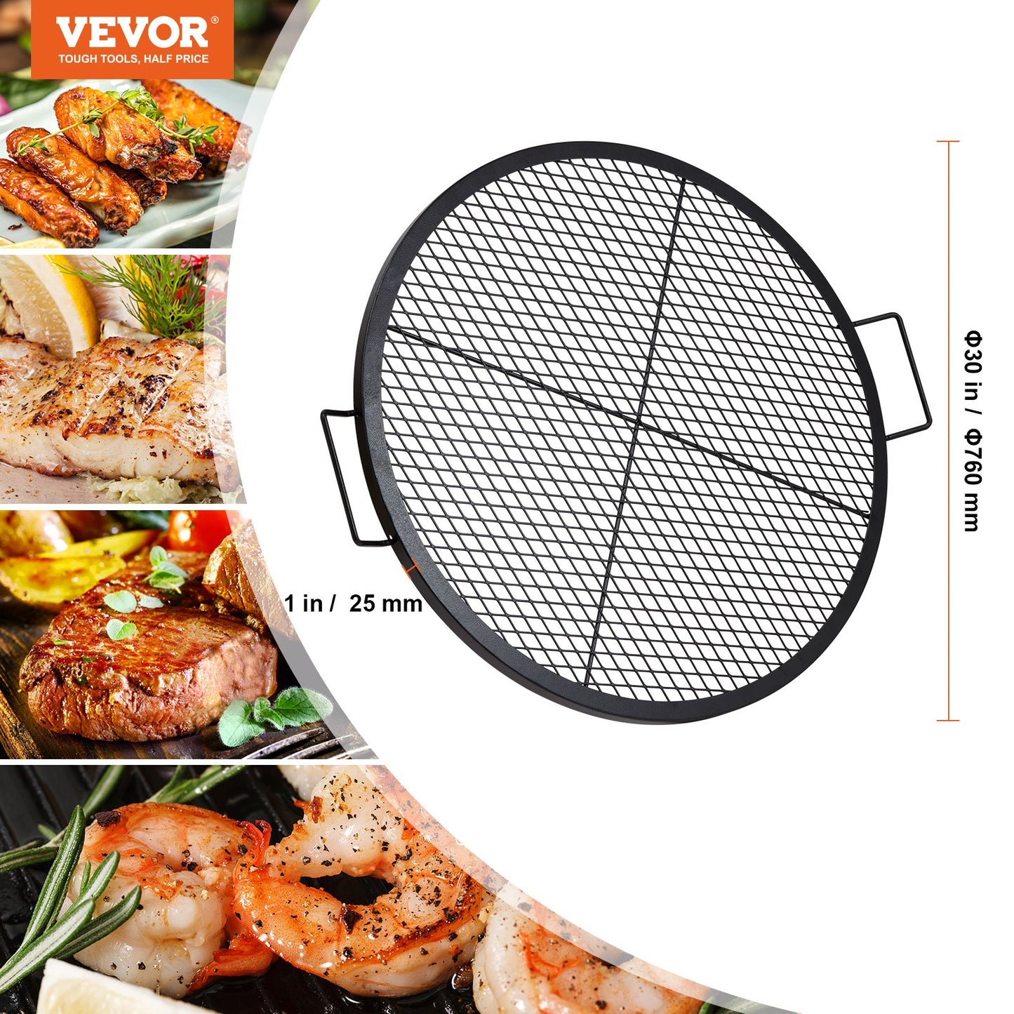 X-Marks Fire Pit Grill Grate, Round Cooking Grate, Heavy Duty Steel Campfire BBQ Grill Grid with Handle and Support X Wire, Portable Camping Cookware for Outside Party & Gathering, 30 Inch Black