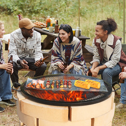 X-Marks Fire Pit Grill Grate, Round Cooking Grate, Heavy Duty Steel Campfire BBQ Grill Grid with Handle and Support X Wire, Portable Camping Cookware for Outside Party & Gathering, 30 Inch Black