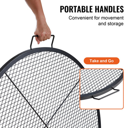X-Marks Fire Pit Grill Grate, Round Cooking Grate, Heavy Duty Steel Campfire BBQ Grill Grid with Handle and Support X Wire, Portable Camping Cookware for Outside Party & Gathering, 36 Inch Black