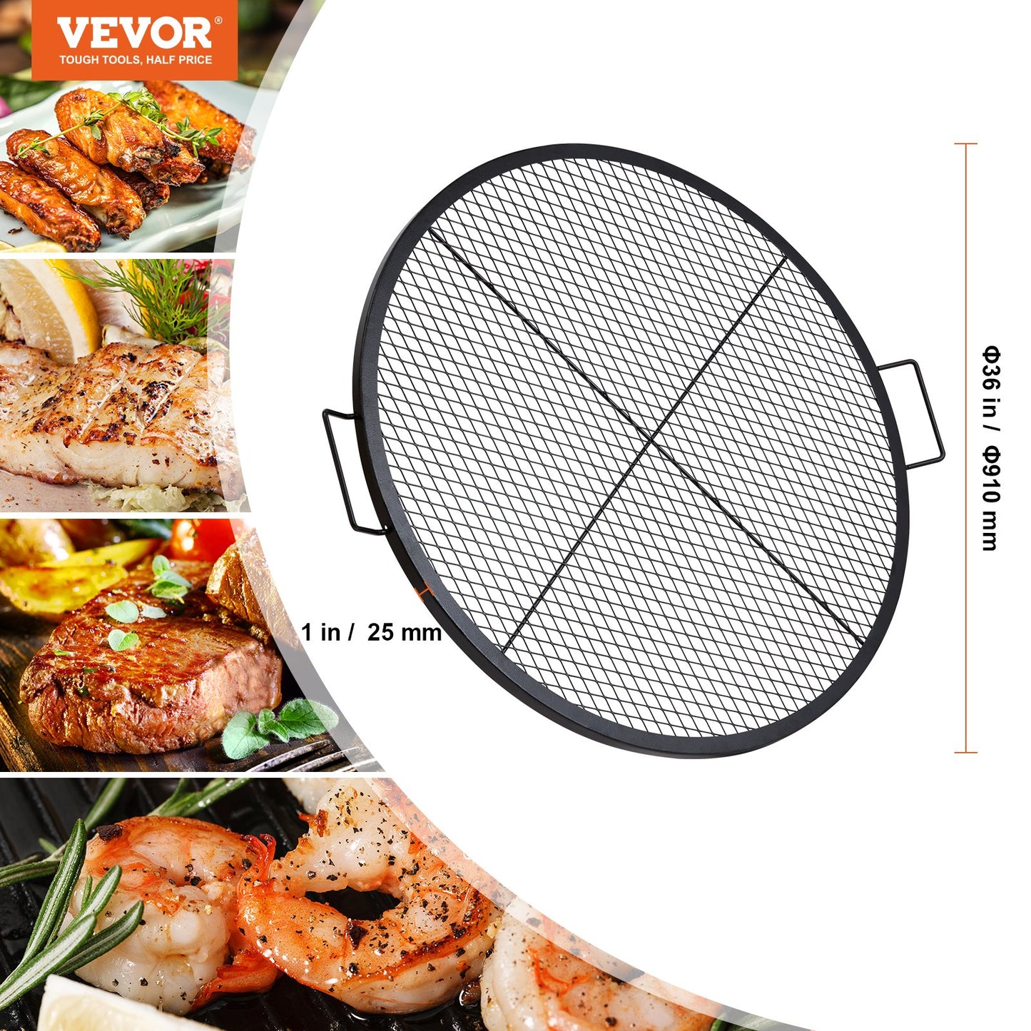 X-Marks Fire Pit Grill Grate, Round Cooking Grate, Heavy Duty Steel Campfire BBQ Grill Grid with Handle and Support X Wire, Portable Camping Cookware for Outside Party & Gathering, 36 Inch Black
