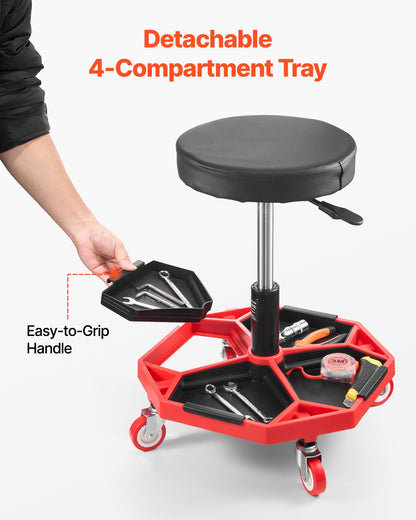 Rolling Mechanic Stool with Wheels, 300 lbs Capacity Garage Seat/Work Stool, Adjustable Height (16.5-21.7 in) Roller Creeper Seat with Tool Tray, for Garage, Shop & Auto Repair, Black+Red