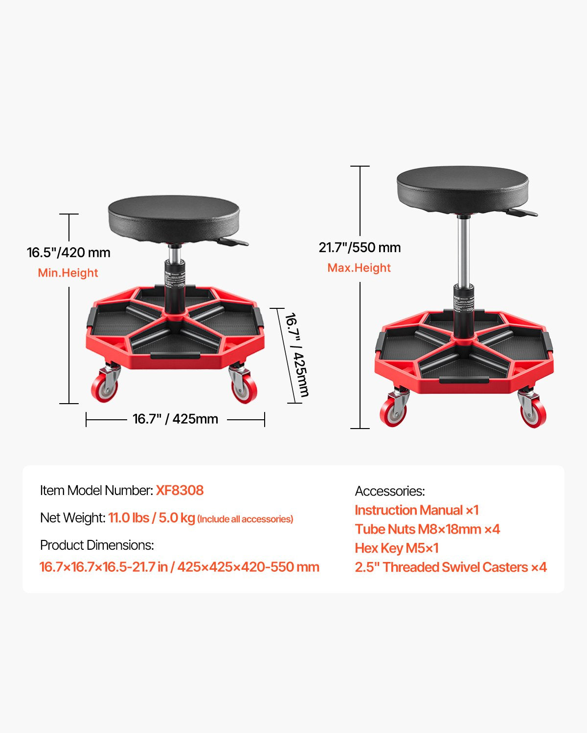 Rolling Mechanic Stool with Wheels, 300 lbs Capacity Garage Seat/Work Stool, Adjustable Height (16.5-21.7 in) Roller Creeper Seat with Tool Tray, for Garage, Shop & Auto Repair, Black+Red