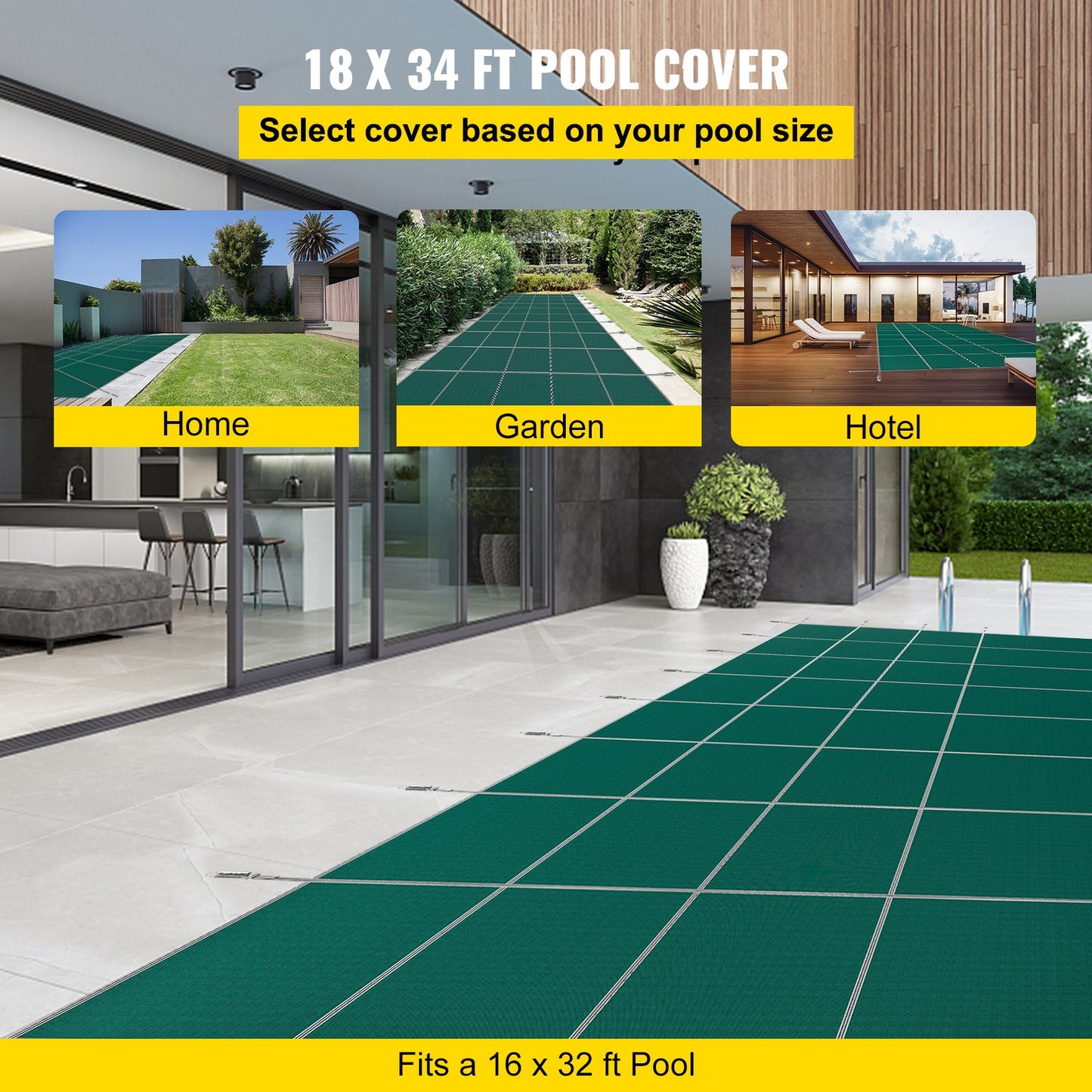 Pool Safety Cover Fits 16x32ft Rectangle Inground Pools, Safety Pool Cover with 4x10ft Center End Step, Mesh Solid Pool Cover with Drainage Holes for Swimming Pool, Winter Safety Cover, Green