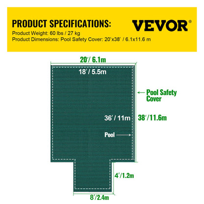 Sicherheitsabdeckung für eingelassene Pools (18 x 36 Fuß, rechteckig), inklusive 4 x 10 Fuß großer Mittelstufe, blickdichte Netzabdeckung mit Ablauflöchern, Winterabdeckung, grün