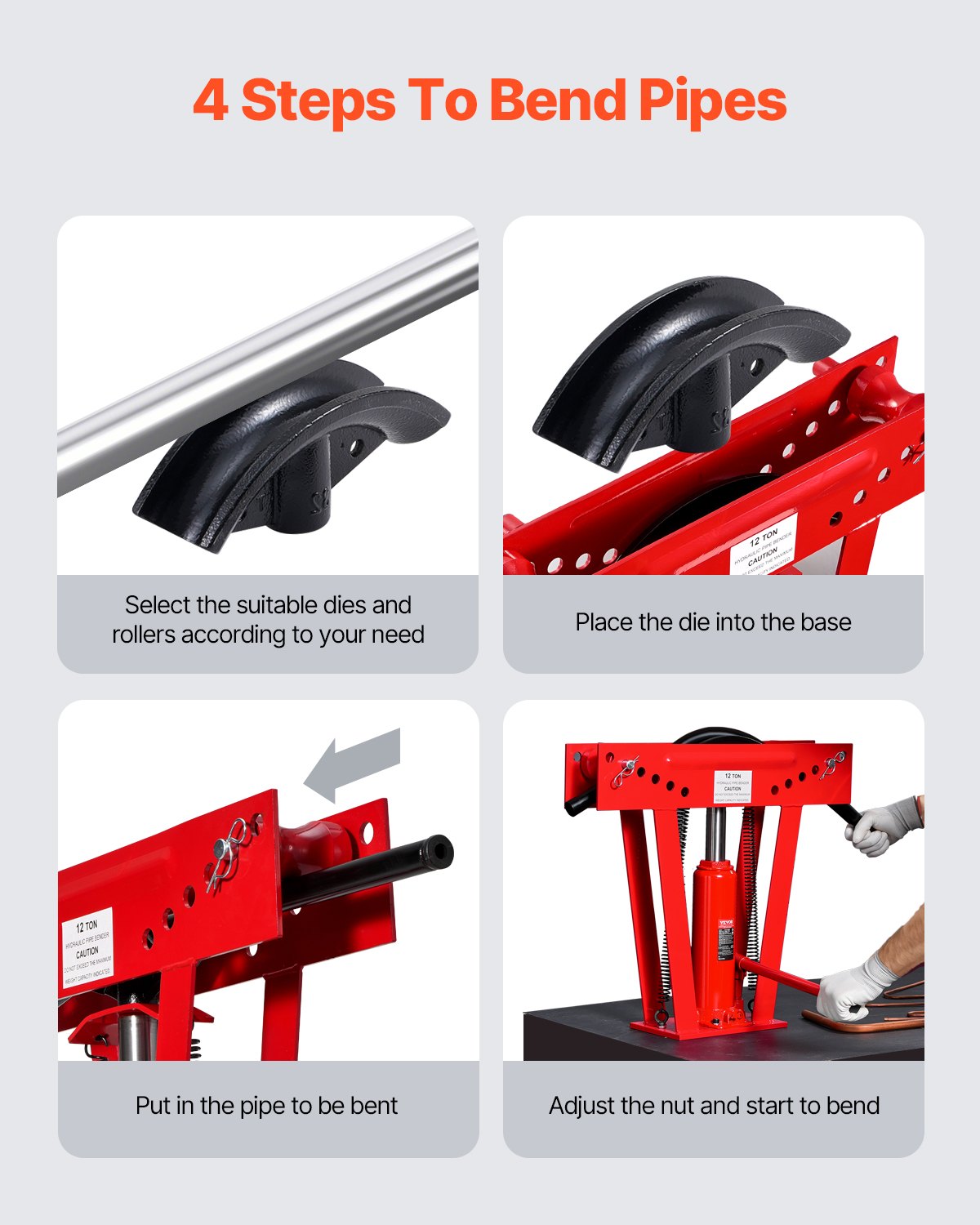 Hydraulic Pipe Bender, 12 Ton Manual Copper Exhaust Pipe Bending Machine with 6 Dies (1/2" - 2") and 90 - 180° Adjustable Rollers, Heavy-Duty Pipe Tube Bender for Piping Railing Construction