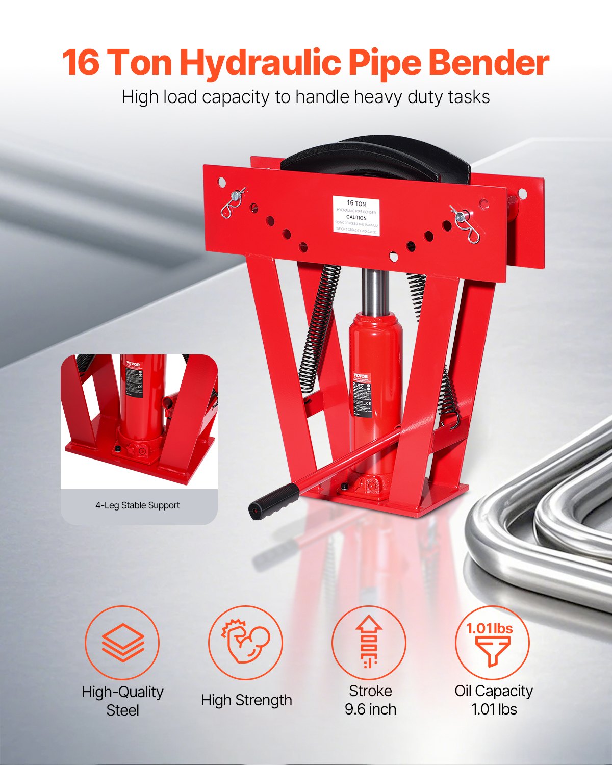 Hydraulic Pipe Bender, 16 Ton Manual Copper Exhaust Pipe Bending Machine with 8 Dies (1/2" - 3") and 90 - 180° Adjustable Rollers, Heavy-Duty Pipe Tube Bender for Piping Railing Construction