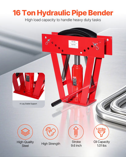 Hydraulic Pipe Bender, 16 Ton Manual Copper Exhaust Pipe Bending Machine with 8 Dies (1/2" - 3") and 90 - 180° Adjustable Rollers, Heavy-Duty Pipe Tube Bender for Piping Railing Construction