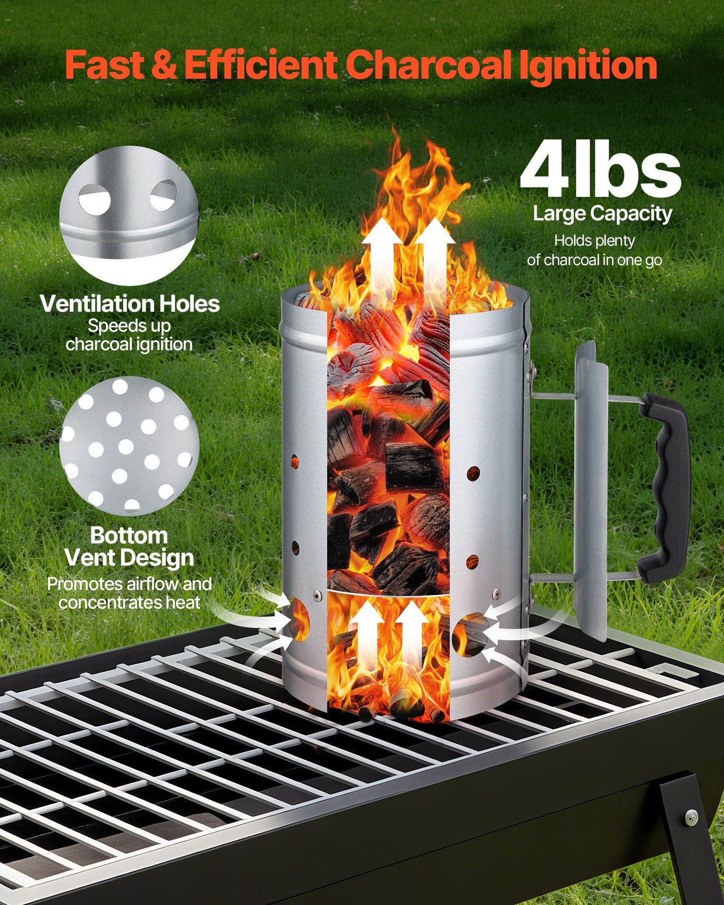 Charcoal Chimney Starter, 1.8kg Large Capacity Coal Fireplace, Heavy Duty BBQ Steel Chimney Starter for Charcoal Grill and Barbecues, Compact On-the-Go Carbon Lighter and BBQ Grill Tool, Silver