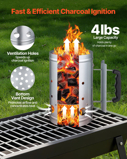 Charcoal Chimney Starter, 1.8kg Large Capacity Coal Fireplace, Heavy Duty BBQ Steel Chimney Starter for Charcoal Grill and Barbecues, Compact On-the-Go Carbon Lighter and BBQ Grill Tool, Silver