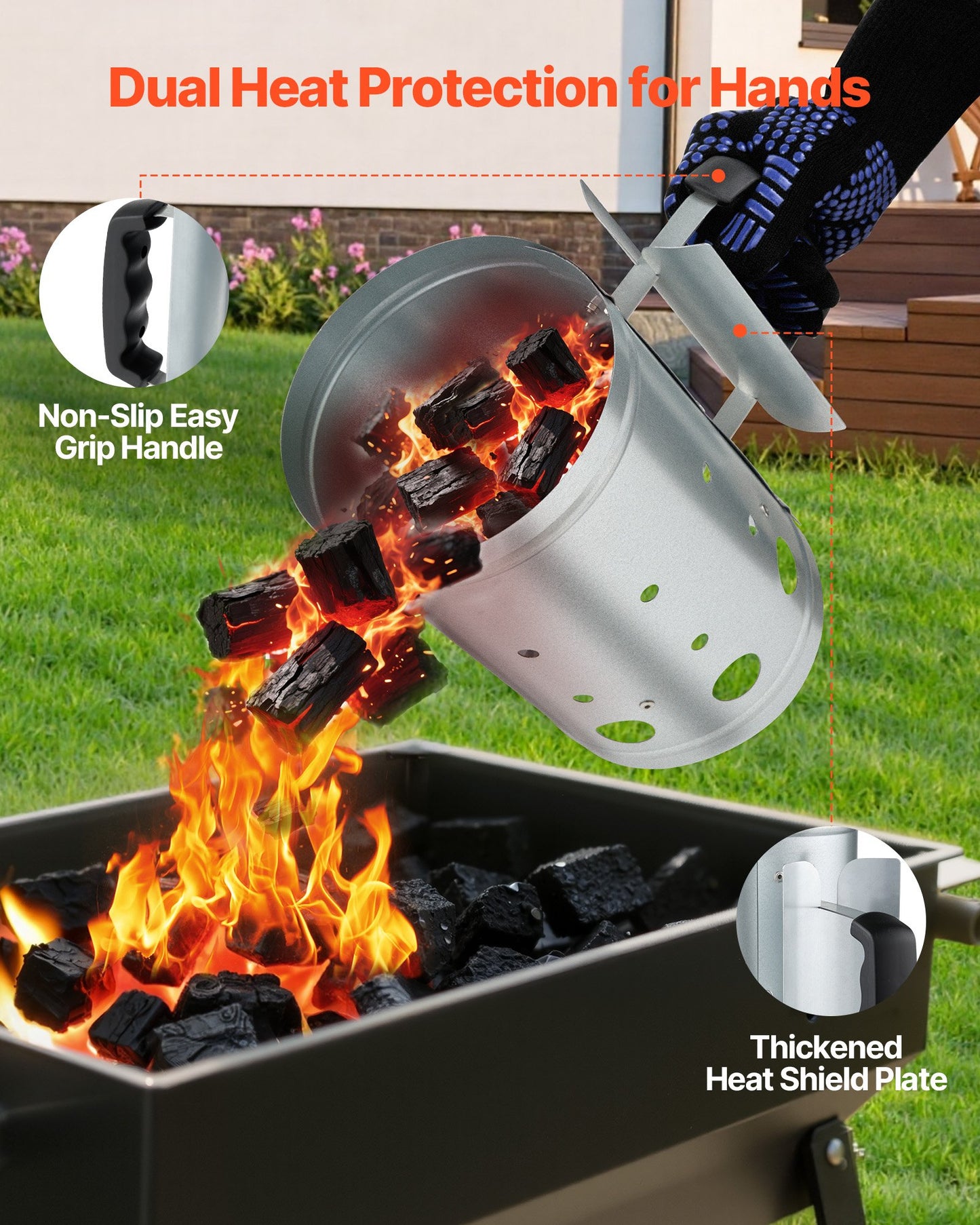 Charcoal Chimney Starter, 1.8kg Large Capacity Coal Fireplace, Heavy Duty BBQ Steel Chimney Starter for Charcoal Grill and Barbecues, Compact On-the-Go Carbon Lighter and BBQ Grill Tool, Silver