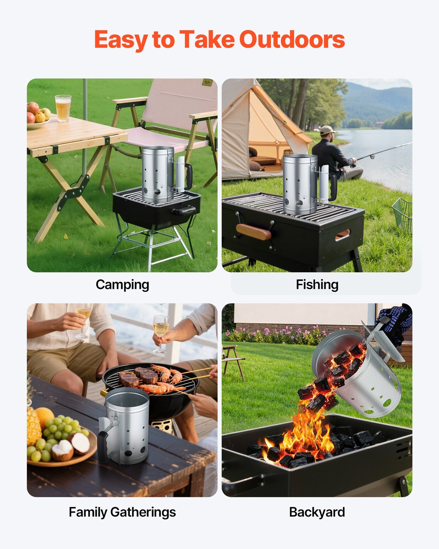 Charcoal Chimney Starter, 1.8kg Large Capacity Coal Fireplace, Heavy Duty BBQ Steel Chimney Starter for Charcoal Grill and Barbecues, Compact On-the-Go Carbon Lighter and BBQ Grill Tool, Silver