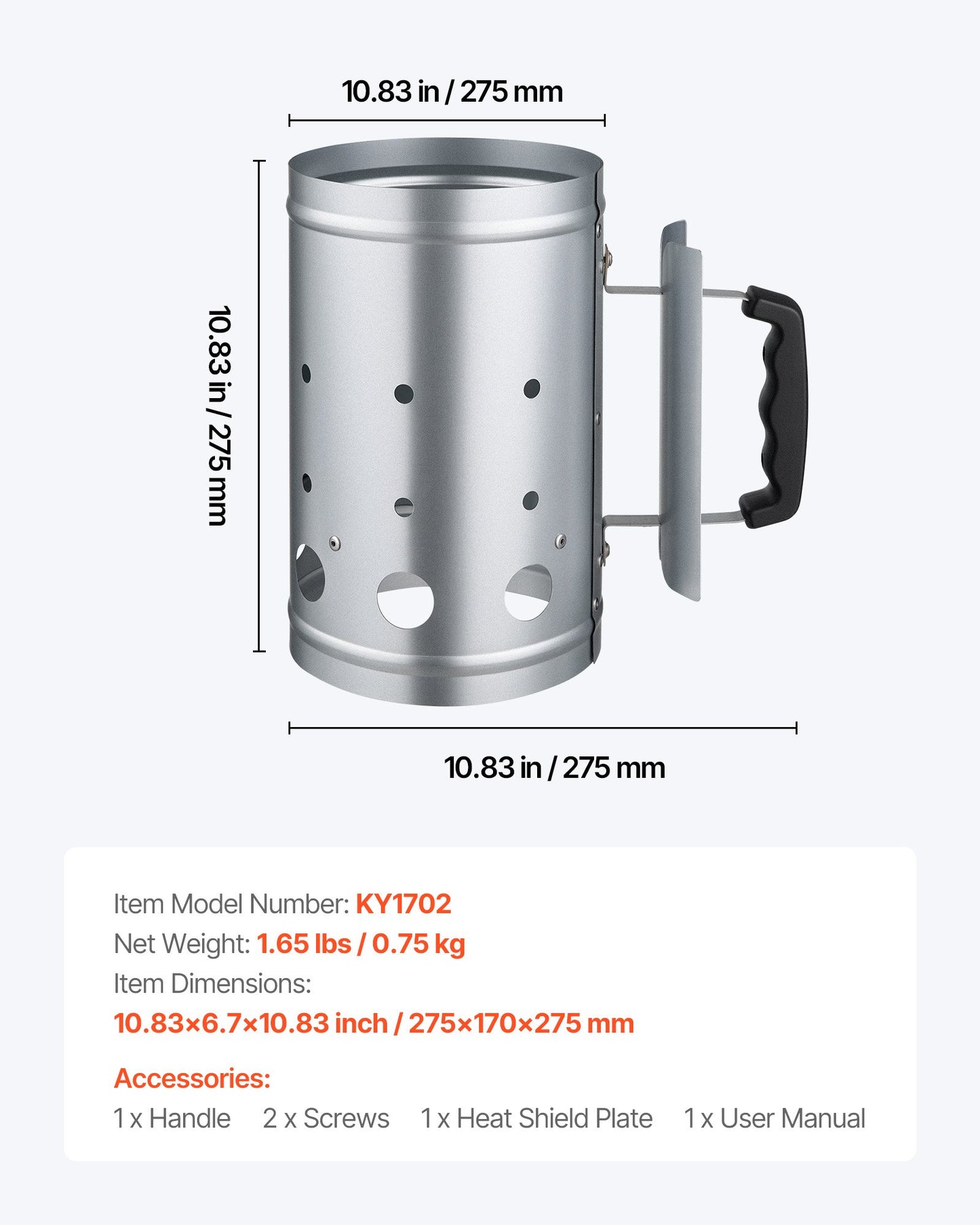 Charcoal Chimney Starter, 1.8kg Large Capacity Coal Fireplace, Heavy Duty BBQ Steel Chimney Starter for Charcoal Grill and Barbecues, Compact On-the-Go Carbon Lighter and BBQ Grill Tool, Silver