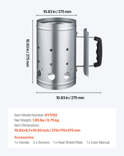 Charcoal Chimney Starter, 1.8kg Large Capacity Coal Fireplace, Heavy Duty BBQ Steel Chimney Starter for Charcoal Grill and Barbecues, Compact On-the-Go Carbon Lighter and BBQ Grill Tool, Silver