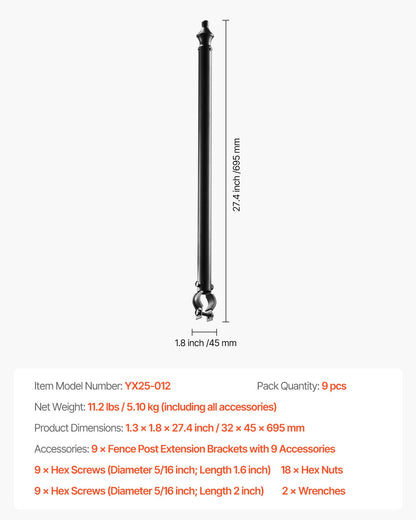 Chain Link Fence Extensions, 9 Packs 695 mm Extension Height, Galvanized Post Extender for 32 to 38 mm Top of Fence, U Bracket, Barbed Wire Extend Arm for Privacy, Prevent Dogs Jumping Out