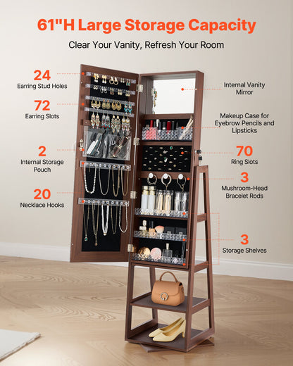 360° drehbarer Schmuckschrank, 1550 mm hoch, Ganzkörperspiegel mit Ablage, freistehender, drehbarer Schmuckschrank, abschließbare Tür mit 2 Schlüsseln, Zubehörtaschen und Ablagefächern