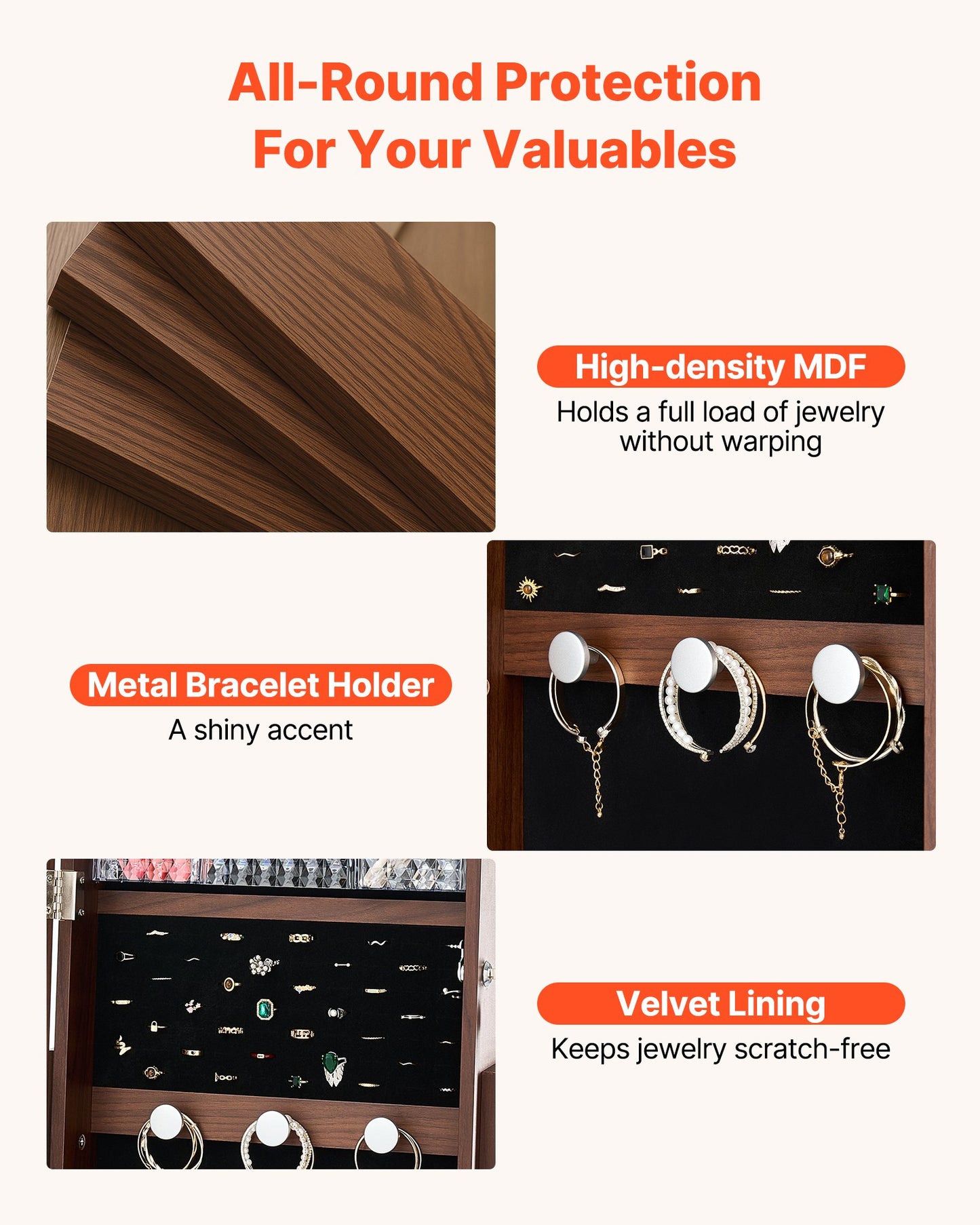 360° drehbarer Schmuckschrank, 1550 mm hoch, Ganzkörperspiegel mit Ablage, freistehender, drehbarer Schmuckschrank, abschließbare Tür mit 2 Schlüsseln, Zubehörtaschen und Ablagefächern