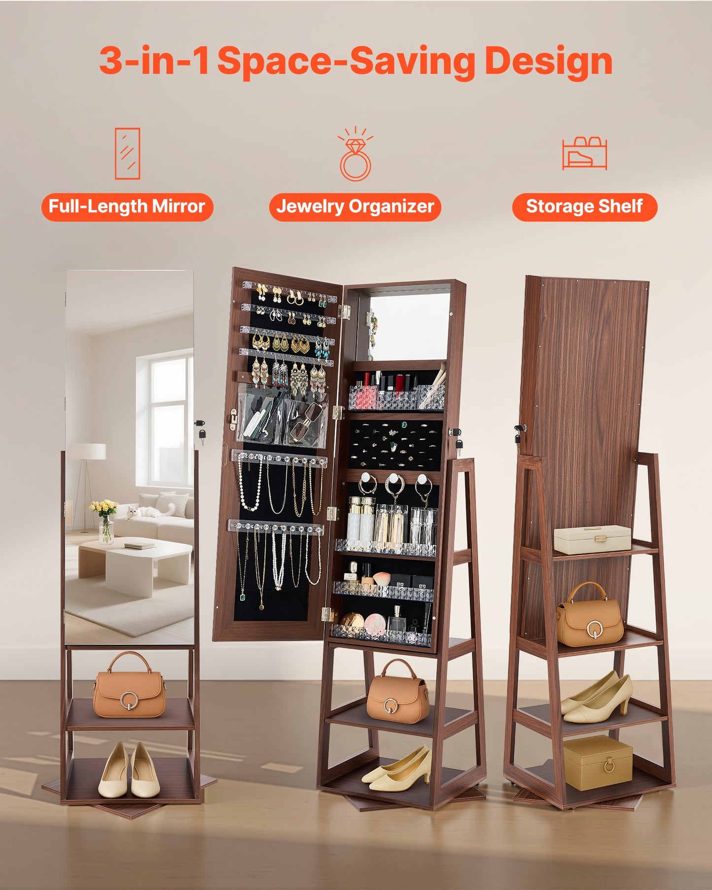 360° drehbarer Schmuckschrank, 1550 mm hoch, Ganzkörperspiegel mit Ablage, freistehender, drehbarer Schmuckschrank, abschließbare Tür mit 2 Schlüsseln, Zubehörtaschen und Ablagefächern