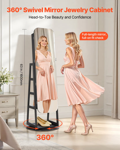 360° drehbarer Schmuckschrank, 1600 mm hoch, Ganzkörperspiegel mit Ablage, freistehender, drehbarer Schmuckschrank-Organizer, abschließbare Tür mit 2 Schlüsseln, Zubehörtaschen und Ablagefächern.