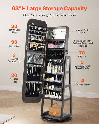 360° drehbarer Schmuckschrank, 1600 mm hoch, Ganzkörperspiegel mit Ablage, freistehender, drehbarer Schmuckschrank-Organizer, abschließbare Tür mit 2 Schlüsseln, Zubehörtaschen und Ablagefächern.