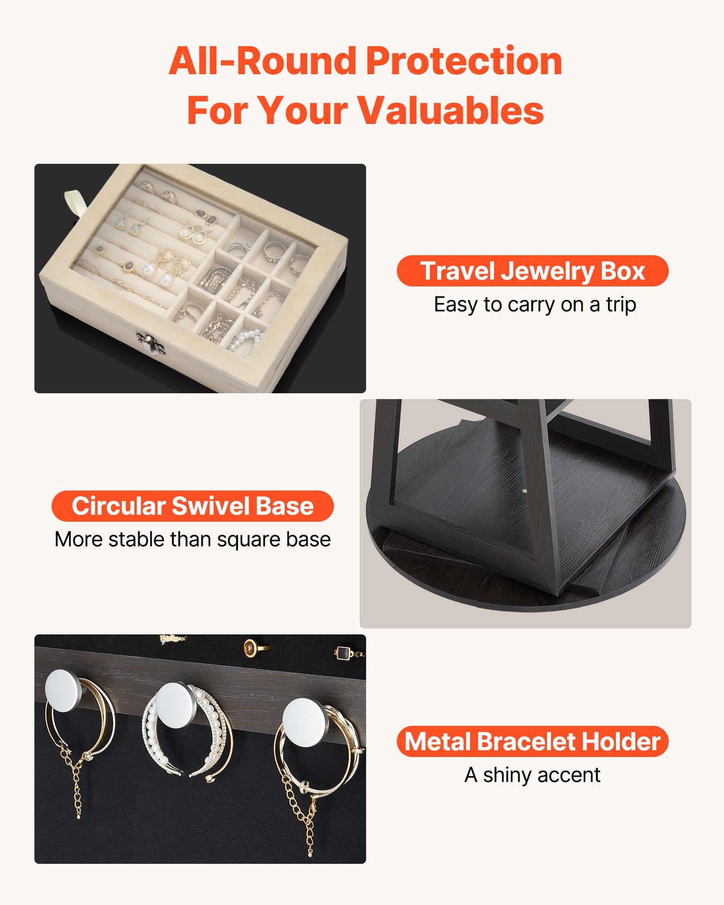 360° drehbarer Schmuckschrank, 1600 mm hoch, Ganzkörperspiegel mit Ablage, freistehender, drehbarer Schmuckschrank-Organizer, abschließbare Tür mit 2 Schlüsseln, Zubehörtaschen und Ablagefächern.